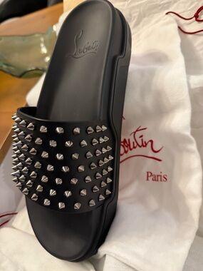 Christian Louboutin Black Studded Slide with Silver Spikes